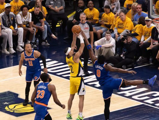 Indiana Pacers vs New York Knicks 2025 NBA Playoffs Eastern Conference Finals at Gainbridge Fieldhouse in downtown Indianapolis, Indiana.