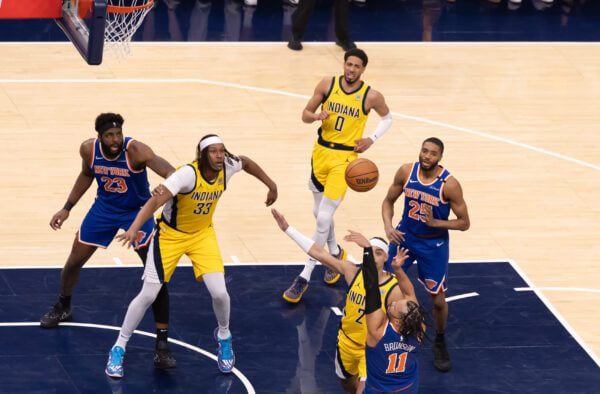 Indiana Pacers vs New York Knicks 2025 NBA Playoffs Eastern Conference Finals at Gainbridge Fieldhouse in downtown Indianapolis, Indiana.