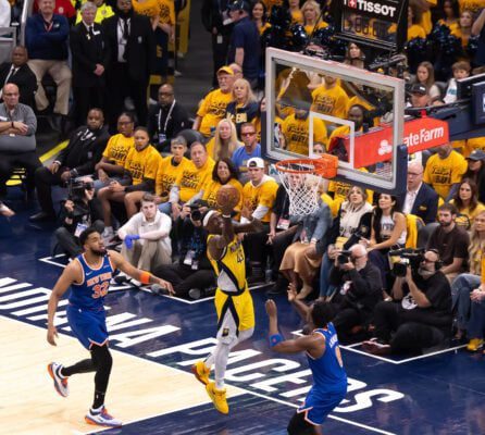 Indiana Pacers vs New York Knicks 2025 NBA Playoffs Eastern Conference Finals at Gainbridge Fieldhouse in downtown Indianapolis, Indiana.