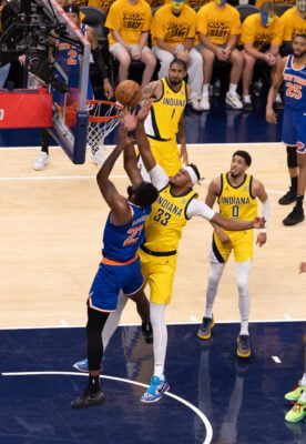Indiana Pacers vs New York Knicks 2025 NBA Playoffs Eastern Conference Finals at Gainbridge Fieldhouse in downtown Indianapolis, Indiana.