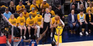 Indiana Pacers vs New York Knicks 2025 NBA Playoffs Eastern Conference Finals at Gainbridge Fieldhouse in downtown Indianapolis, Indiana.