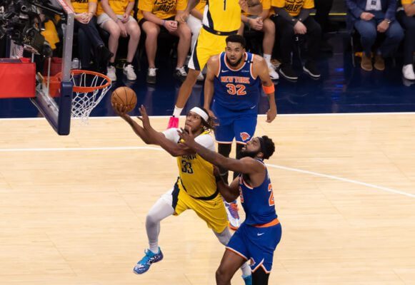 Indiana Pacers vs New York Knicks 2025 NBA Playoffs Eastern Conference Finals at Gainbridge Fieldhouse in downtown Indianapolis, Indiana.