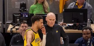 Tyrese Haliburton and Rick Carlisle of the Pacers during the NBA Playoffs 2025 Eastern Conference Finals Game 4.