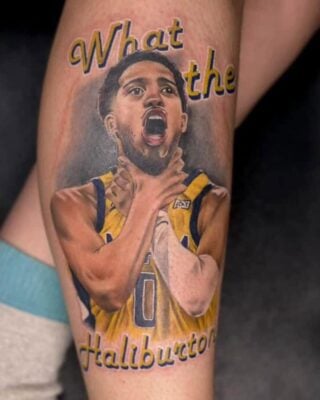 A tattoo of Tyrese Haliburton on the leg of a Pacers Fan tattooed prior to the 2025 NBA Finals.