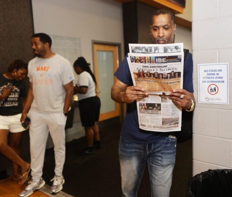 Fans, players, executives and subscribers reading the WNBA All-Star Edition of the Indianapolis Recorder, during The City League basketball exhibition games on Thursday, July 17, 2025 in Indianapolis, Indiana. (Photo/David Dixon)