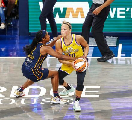 Fever guard Aari McDonald during the Los Angeles Sparks versus Indiana Fever WNBA game on July 5, 2025, at Gainbridge Fieldhouse, in downtown, Indianapolis, Indiana. (Photo/David Dixon)