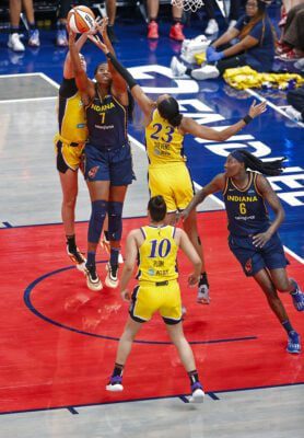 Fever forward Aliyah Boston (7) during the Los Angeles Sparks versus Indiana Fever WNBA game on July 5, 2025, at Gainbridge Fieldhouse, in downtown, Indianapolis, Indiana. (Photo/David Dixon)