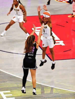 Golden State Valkyries at Indiana Fever WNBA basketball Game at Gainbridge Fieldhouse on July 9, 2025, also known as "WNBA Kids Day," photo taken by David Dixon of the Indianapolis Recorder Newspaper.
