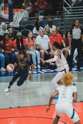 Las Vegas Aces at Indiana Fever WNBA basketball game in Indianapolis, Indiana in July of 2025, shot by Mia Moore of She Shoots 317.
