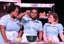 Jenna (Keirsten Hodgens), center, pours sugar into a bowl as she makes a pie with Becky (Chanel Edwards-Frederick), left, and Dawn (Grace Atherholt) while they sing "A Soft Place To Land" in “Waitress,” now on stage at Beef & Boards Dinner Theatre through Aug. 31.