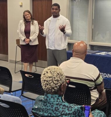 Business owner Curtis Collins (right) and Chase Bank business consultant Shellie Vernon (Left) during the Coaching for Impact program graduation on August 21, 2025 at Chase Bank in Indianapolis, Indiana. (Photo provided/Chase Bank)