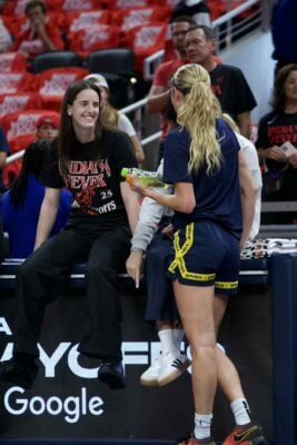 Indiana Fever guard Caitlin Clark talking to her teammates before Game 2 of the first round of the 2025 WNBA Playoffs against the Atlanta Dream, on September 16, 2025, at Gainbridge FIeldhouse in downtown Indianapolis, Indiana. (Photo/Mia Moore, Horsemen Sports Media)