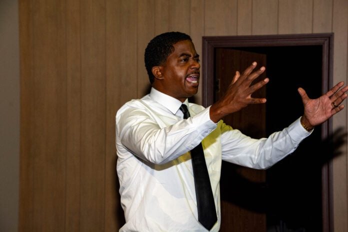majestyk-34 Daniel A. Martin as Dr. Martin Luther King Jr. in the Indianapolis Black Theatre Company's production of "The Mountaintop." (Photo/DeQuincy Webster of Majestyk Photography)