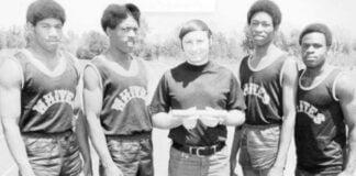 The White’s Institute 4X440 relay team included Coach Charles Gaither and athletes John Maggott (‘73), James Brasher (’74), Nike McDonald (’73) and Elix Brewer (’73). (Photo provided/Indiana Track and Field Museum)