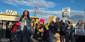 State senator Andrea Hunley (D-Indianapolis) was among a series of neighborhood, church and community leaders that spoke at the rally against the possible data center in Martindale Brightwood. - Zak Cassel / WFYI