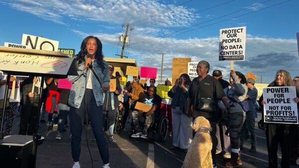 State senator Andrea Hunley (D-Indianapolis) was among a series of neighborhood, church and community leaders that spoke at the rally against the possible data center in Martindale Brightwood. - Zak Cassel / WFYI