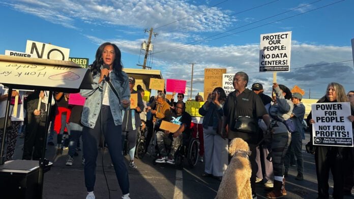 martindale-brightwood-data-center-rally-zak-cassel State senator Andrea Hunley (D-Indianapolis) was among a series of neighborhood, church and community leaders that spoke at the rally against the possible data center in Martindale Brightwood. - Zak Cassel / WFYI