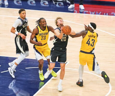 Milwaukee Bucks at Indiana Pacers NBA basketball game downtown Indianapolis November 2025.