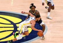 Golden State Warriors versus Indiana Pacers, 2025-26 NBA regular season, Gainbridge Fieldhouse, downtown Indianapolis, Indiana in November.