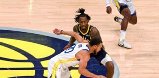 Golden State Warriors versus Indiana Pacers, 2025-26 NBA regular season, Gainbridge Fieldhouse, downtown Indianapolis, Indiana in November.