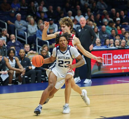 Butler University versus Indiana University-Indianapolis (IU Indy) NCAA men's basketball game at Hinkle Fieldhouse on November 8, 2025 in Indianapolis.