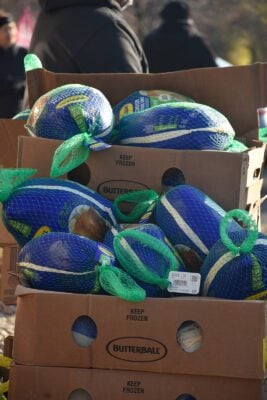 Holy Angels Catholic Church and School in Indianapolis, Indiana giving out holiday meals and turkeys to the community for 2025 Thanksgiving.