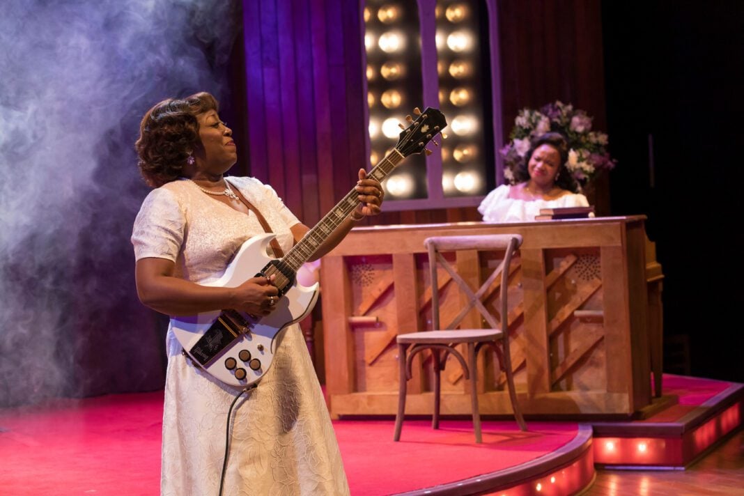 Sister Rosetta Tharpe (Cherish Love) and Marie Knight (Jaela Cheeks-Lomax) in the IRT's 2025 production of “Marie and Rosetta.” (Photo/Zach Rosing)
