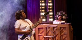 Sister Rosetta Tharpe (Cherish Love) and Marie Knight (Jaela Cheeks-Lomax) in the IRT's 2025 production of “Marie and Rosetta.” (Photo/Zach Rosing)