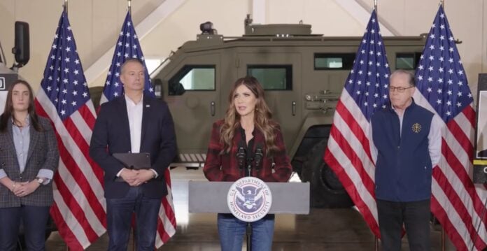Screenshot U.S. Department of Homeland Security Secretary Kristi Noem speaks at a livestreamed Gary, Indiana, news conference on Thursday, Oct. 30, 2025. (Screenshot)