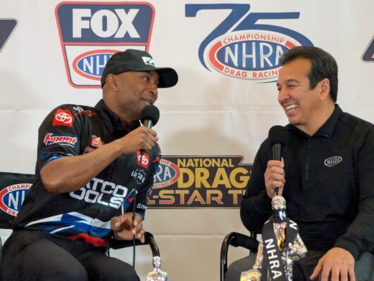 Four-time NHRA Champion Antron Brown (left) during the PRI Show on Dec. 12, 2025, at the Indiana Convention Center. (Photo/Noral Parham)