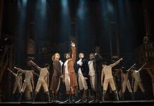 L to R: Nathan Haydel, Tyler Fauntleroy, Jared Howelton, Elvie Ellis, and Company - HAMILTON National Tour. (Photo/Joan Marcus 2024)