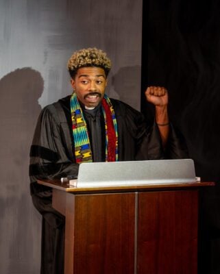 Reno Moore (Passenger 2) in the Indianapolis Black Theatre Company’s production of “Ain’t No Mo,’” at the District theatre July 3, 5 and 6. (Photo/IBTC via Facebook)