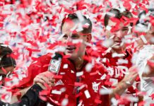 ATLANTA, GA - JANUARY 09: Indiana head coach Curt Cignetti is showered in confetti following the conclusion of the Indiana Hoosiers versus Oregon Ducks College Football Playoff Semifinal at the Chick-fil-A Peach Bowl on January 9th, 2026, at Mercedes-Benz Stadium in Atlanta, GA. (Photo by Rich von Biberstein/Icon Sportswire) (Icon Sportswire via AP Images)