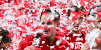 ATLANTA, GA - JANUARY 09: Indiana head coach Curt Cignetti is showered in confetti following the conclusion of the Indiana Hoosiers versus Oregon Ducks College Football Playoff Semifinal at the Chick-fil-A Peach Bowl on January 9th, 2026, at Mercedes-Benz Stadium in Atlanta, GA. (Photo by Rich von Biberstein/Icon Sportswire) (Icon Sportswire via AP Images)