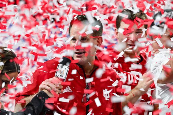 ATLANTA, GA - JANUARY 09: Indiana head coach Curt Cignetti is showered in confetti following the conclusion of the Indiana Hoosiers versus Oregon Ducks College Football Playoff Semifinal at the Chick-fil-A Peach Bowl on January 9th, 2026, at Mercedes-Benz Stadium in Atlanta, GA. (Photo by Rich von Biberstein/Icon Sportswire) (Icon Sportswire via AP Images)