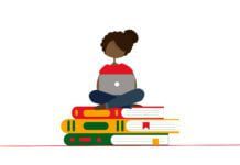 Black history month. An illustration of a black girl sitting on a stack of books. Learning about African culture. Isolated on white.