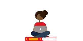 Black history month. An illustration of a black girl sitting on a stack of books. Learning about African culture. Isolated on white.
