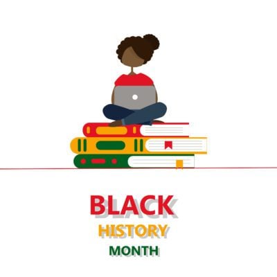 Black history month. An illustration of a black girl sitting on a stack of books. Learning about African culture. Isolated on white.