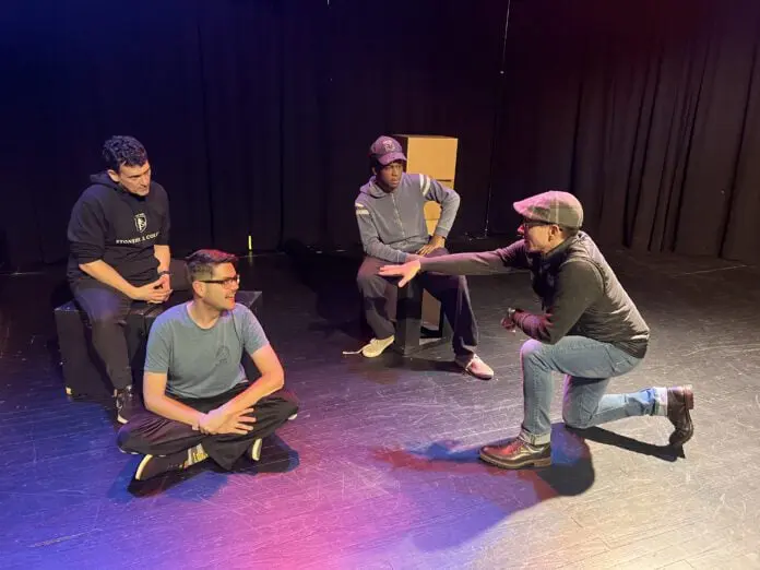 Eric Olson (Ben), Joe Wagner (Gideon) and Jy’lerre Jones (Reuben) in rehearsal for “St. Sebastian” with director Jay Hemphill. (Photo provided/That Other Theater Company)