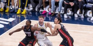 Miami Heat at Indiana Pacers NBA Basketball game in Indianapolis, Indiana.