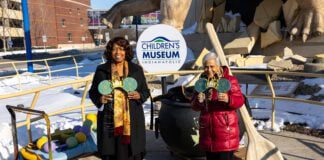 Carmen J Smith and Stella Chase Reese during the Dino Décor installation day at the Children’s Museum of Indianapolis. (Photo/Children’s Museum of Indianapolis)