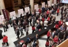 IU students showcased research projects at the Indiana Statehouse More than 50 Indiana University students from regional campuses gathered at the Indiana Statehouse on Feb. 18 to share research projects with legislators. (Photo provided/Indiana University)