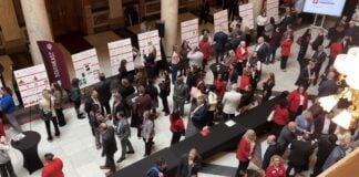 More than 50 Indiana University students from regional campuses gathered at the Indiana Statehouse on Feb. 18 to share research projects with legislators. (Photo provided/Indiana University)