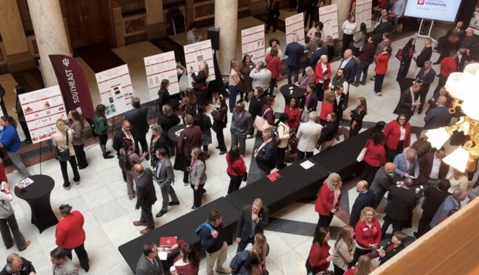 More than 50 Indiana University students from regional campuses gathered at the Indiana Statehouse on Feb. 18 to share research projects with legislators. (Photo provided/Indiana University)