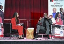 Deion Sanders with moderator Olivia West during the 2023-24 Steward Speakers event. (Photo provided/Matthew Steward)