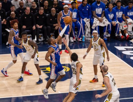 Philadelphia 76ers at Indiana Pacers NBA basketball game in Indianapolis in February of 2026.