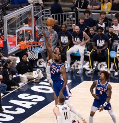 Philadelphia 76ers at Indiana Pacers NBA basketball game in Indianapolis in February of 2026.