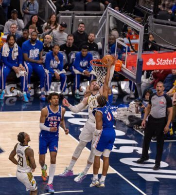 Philadelphia 76ers at Indiana Pacers NBA basketball game in Indianapolis in February of 2026.