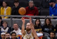 Philadelphia 76ers at Indiana Pacers NBA basketball game in Indianapolis in February of 2026.