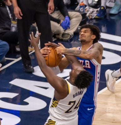 Philadelphia 76ers at Indiana Pacers NBA basketball game in Indianapolis in February of 2026.